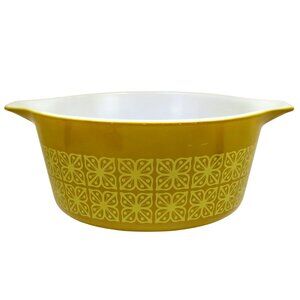 Pyrex 474‑B Square Flowers 1.5 Qt Casserole Mustard-Gold Autumn Floral 1960s